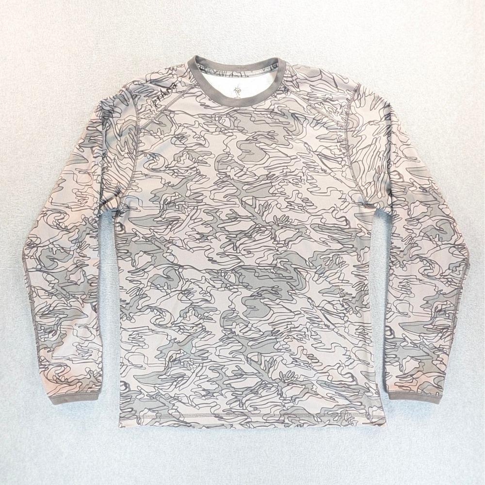 Prana Mens XL Long Sleeve Waffle Knit Shirt Grey Abstract Camo Hiking RN92382